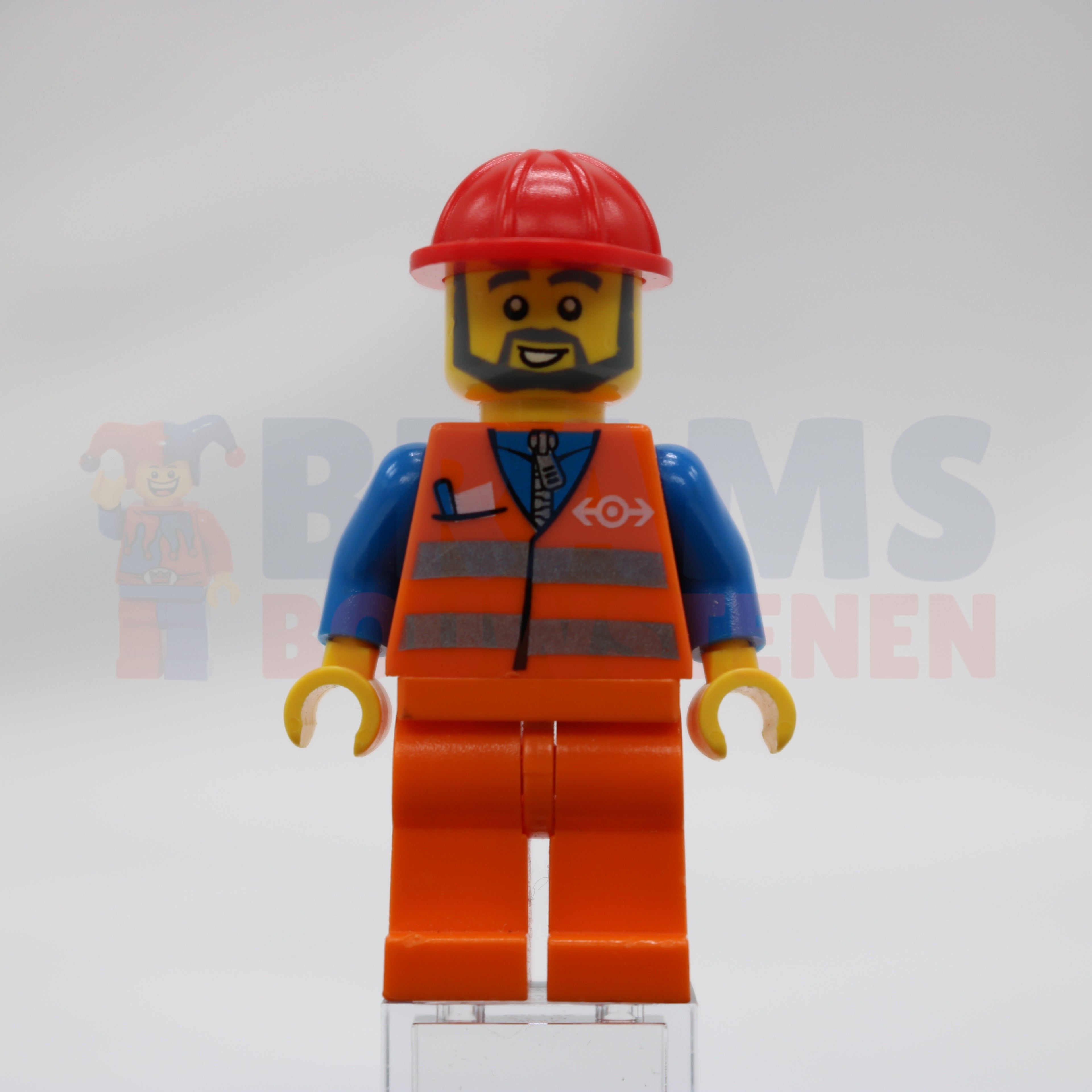 Minifig trn229 - Orange Vest with Safety Stripes - Orange Legs, Red Construction Helmet, Gray Beard