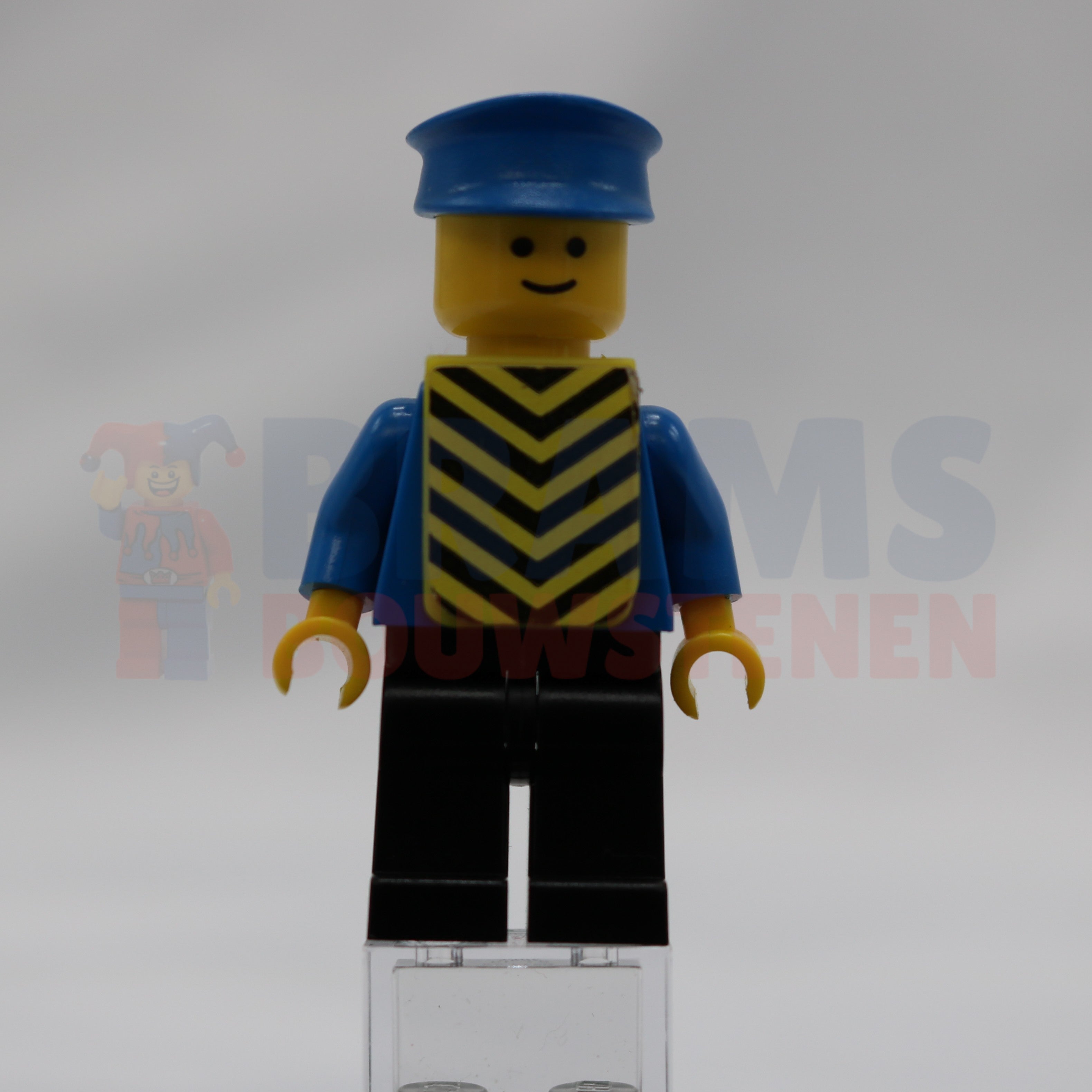 Minifig twn448s - Plain Blue Torso with Blue Arms, Black Legs, Blue Hat, Yellow Vest with Black Chevrons (Stickers)
